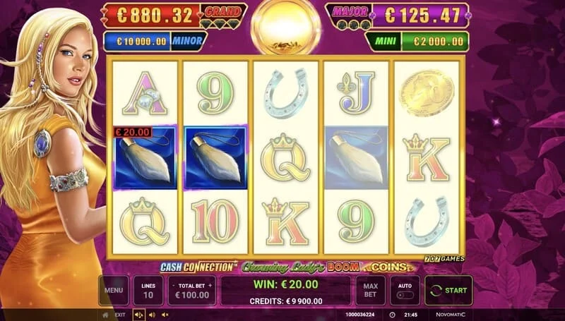 Cash Connection - Charming Lady's Boom Coins - scáileán bunúsach le bua líne