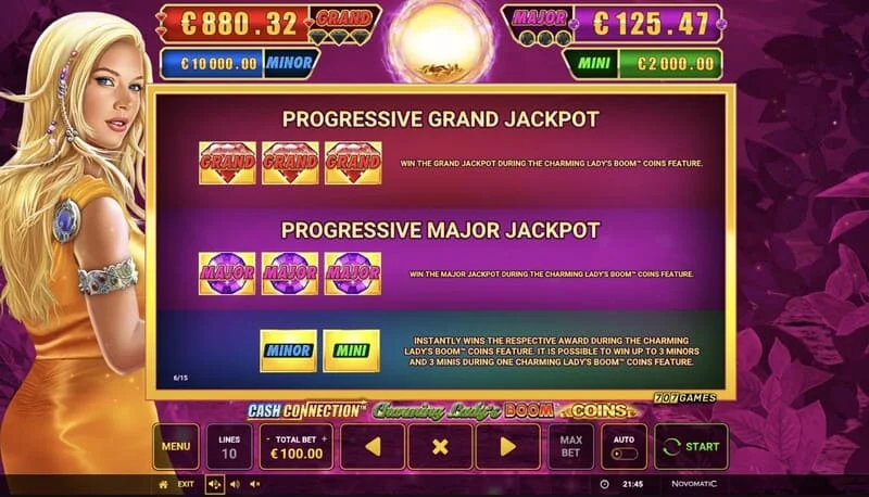 Cash Connection - Charming Lady's Boom Coins - tábla Jackpotanna Mini, Minor, Major agus Grand