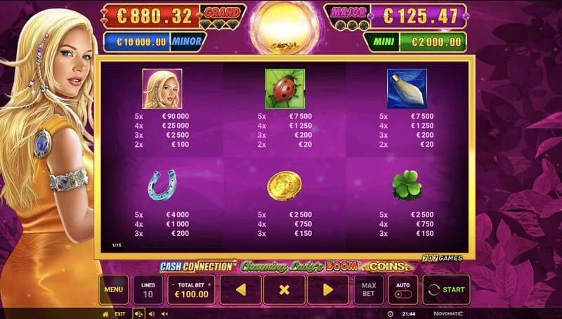 Cash Connection - Charming Lady's Boom Coins - mionchluiche Boom Spins ar ghreille leathnaithe